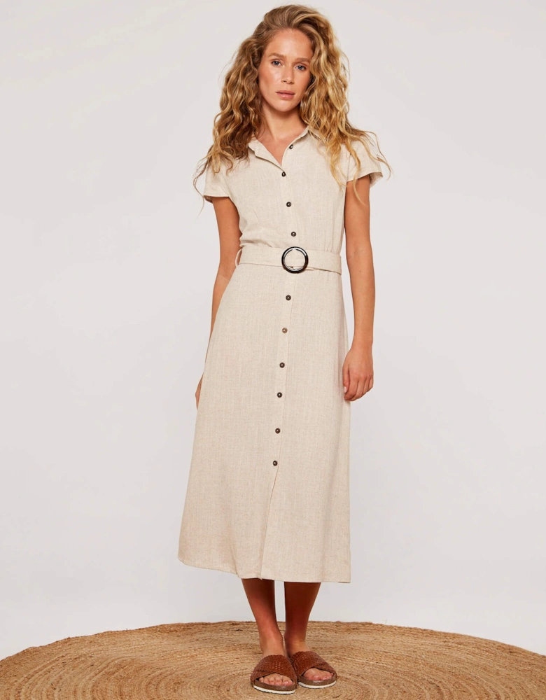Linen Blend Belted Shirt Midi Dress