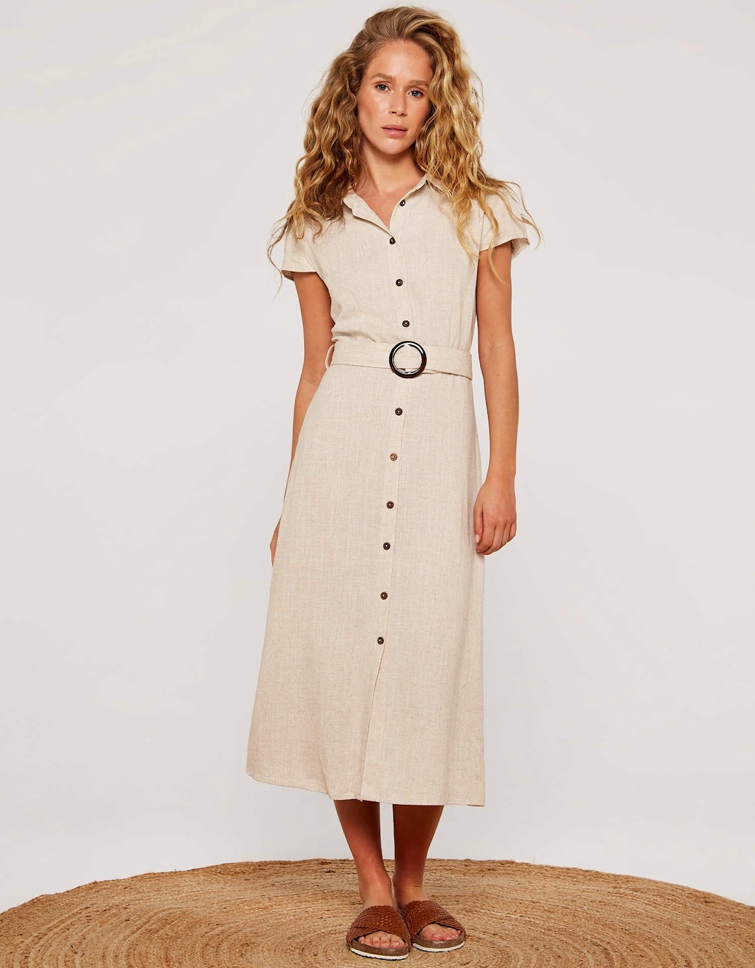 Linen Blend Belted Shirt Midi Dress, 2 of 1
