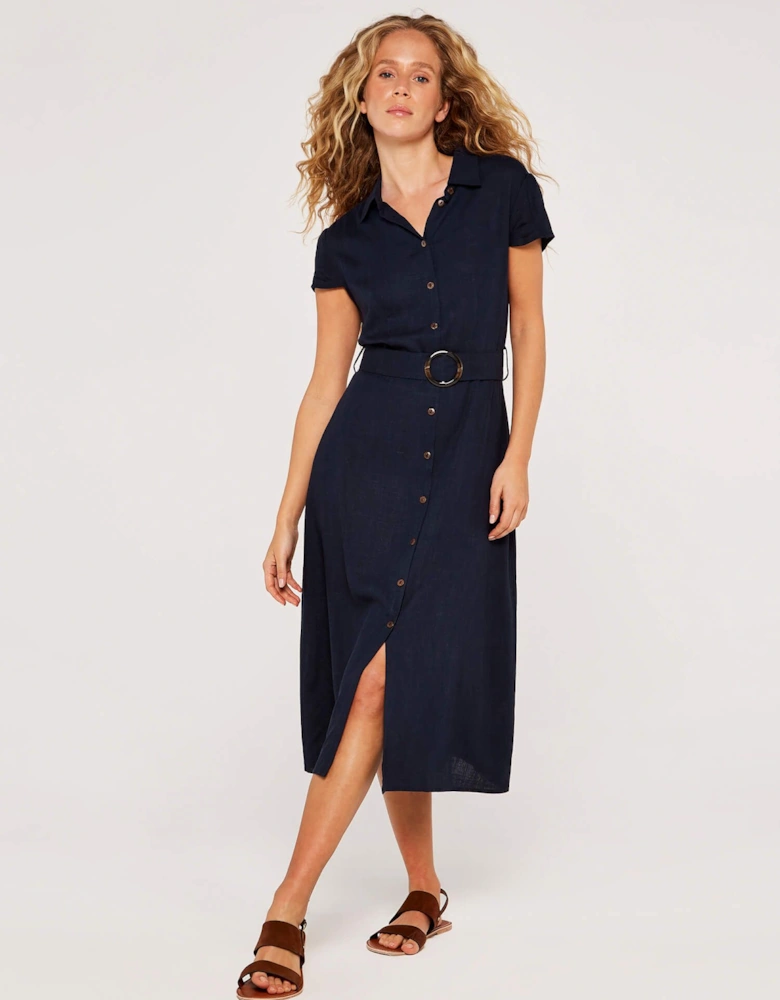 Linen Blend Belted Shirt Midi Dress