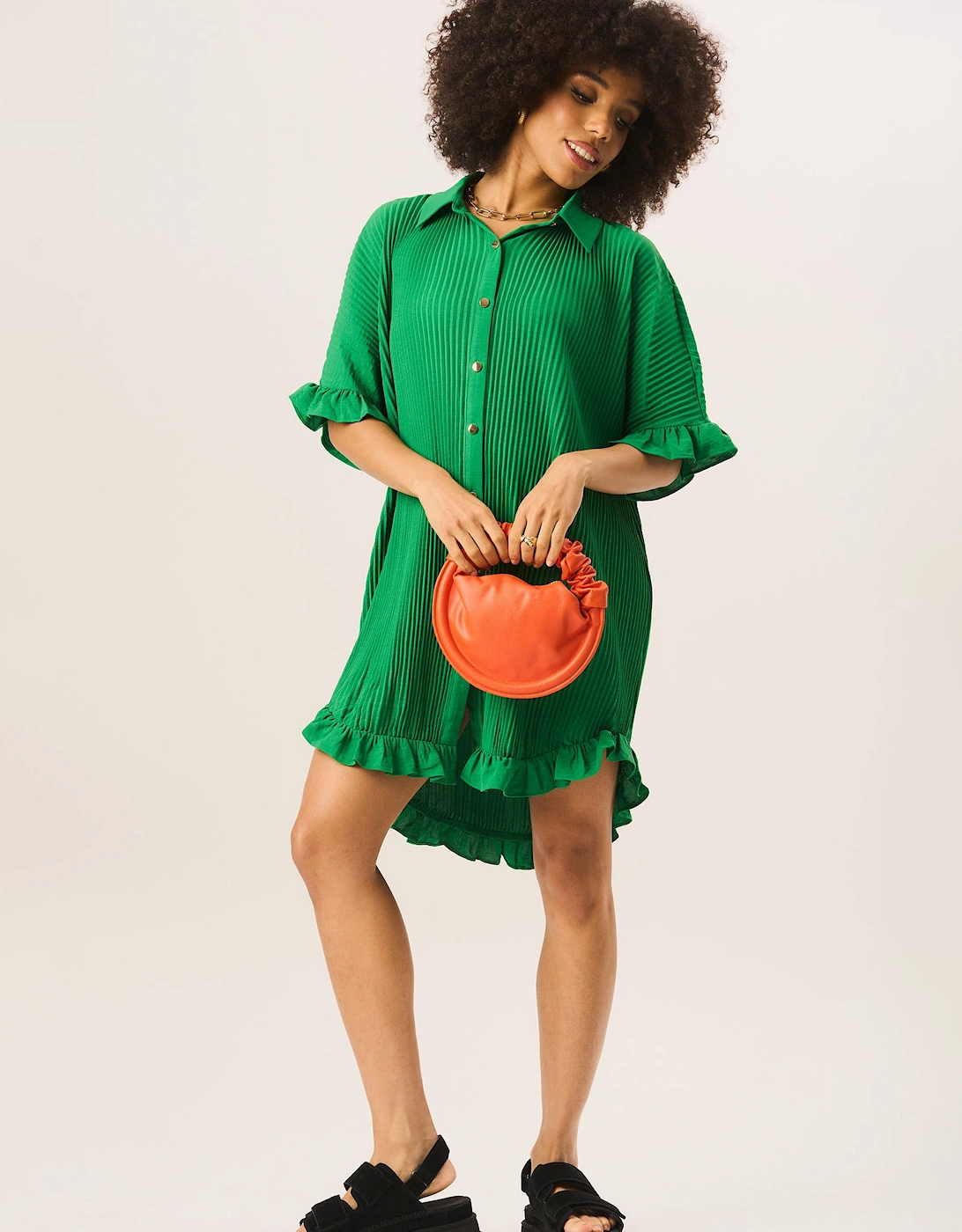 Green Plisse Frill Detail Oversized Shirt Dress, 2 of 1