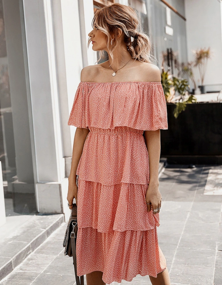 Off The Shoulder Bardot Frill Tiered Dress In Peach Polka Dot