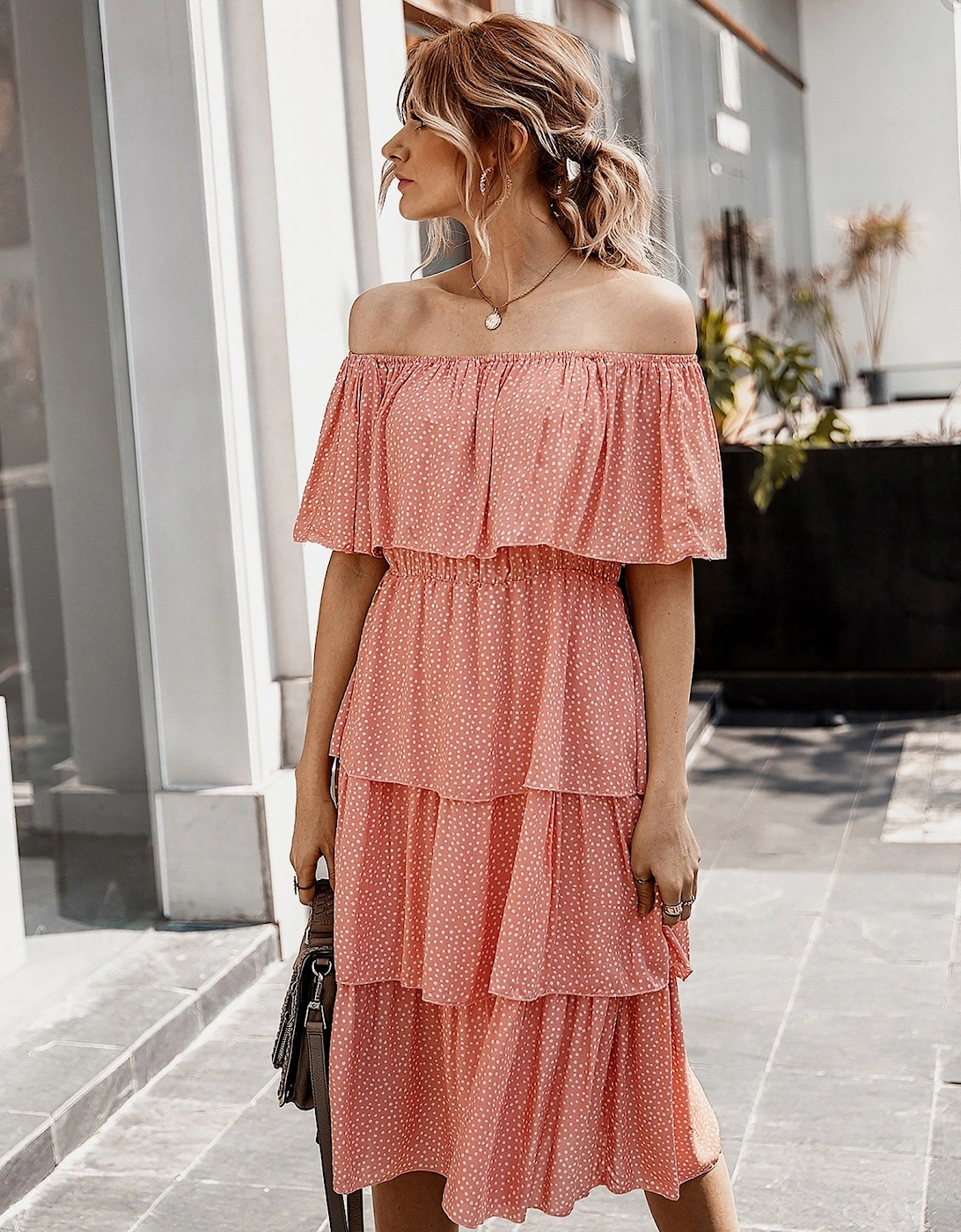 Off The Shoulder Bardot Frill Tiered Dress In Peach Polka Dot, 2 of 1