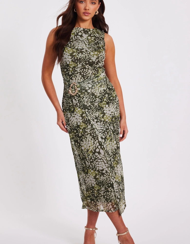 Khaki Petite Mesh Animal Print Midaxi Dress