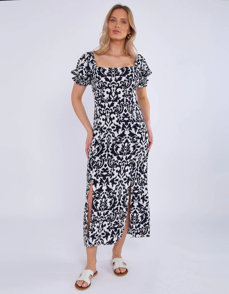 Navy Puff Sleeves Split Viscose Midi Dress