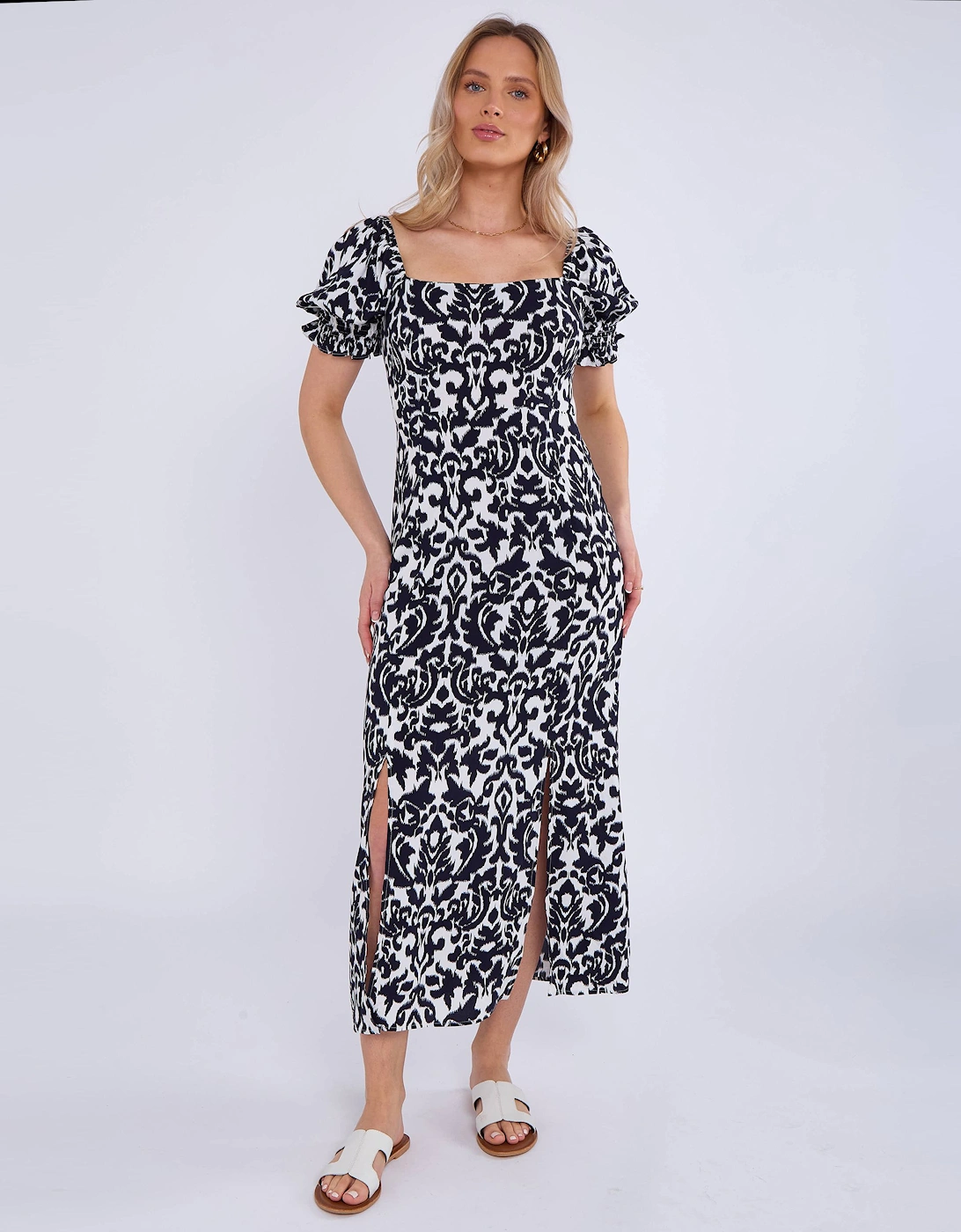 Navy Puff Sleeves Split Viscose Midi Dress, 2 of 1