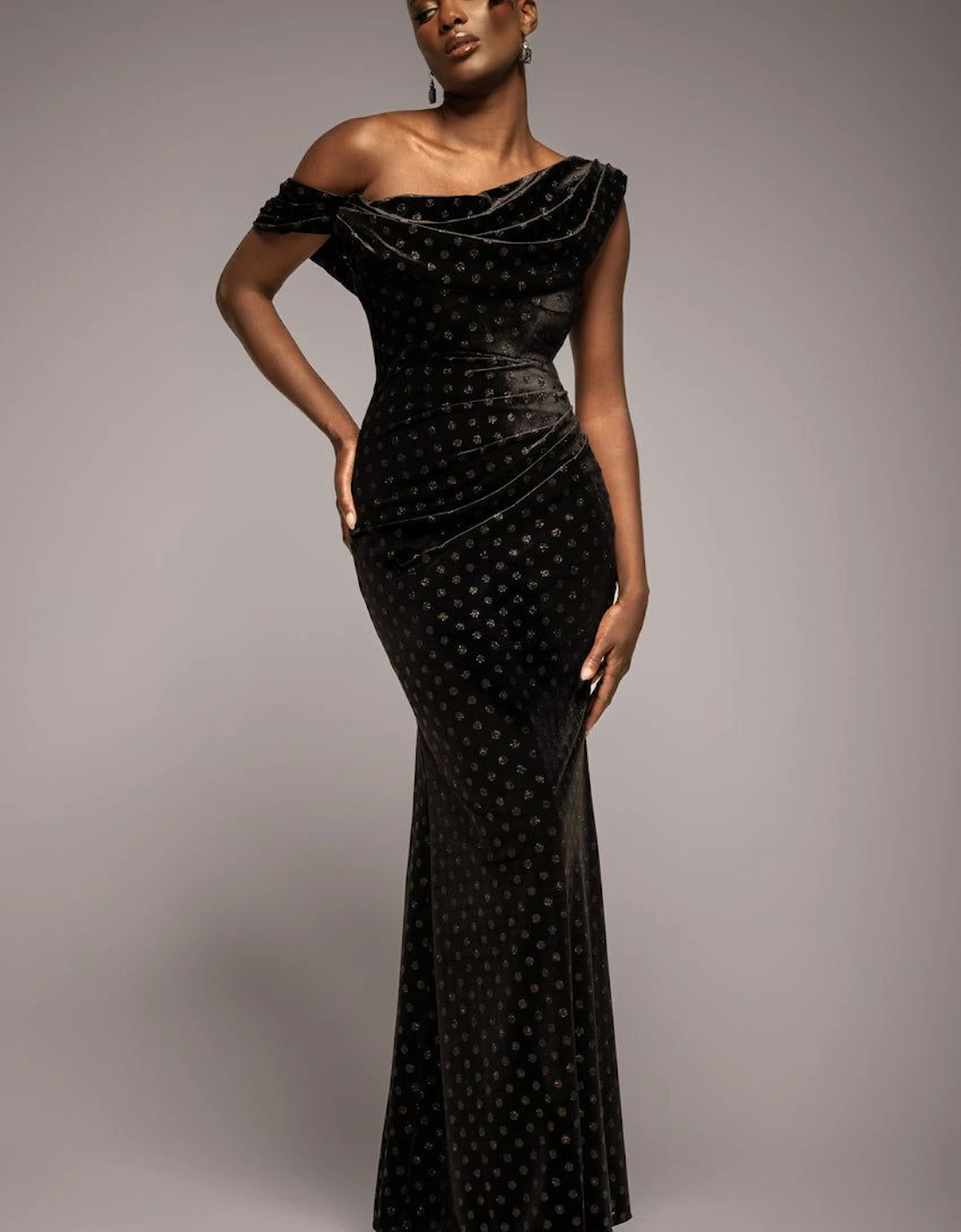 Glitter Velvet Cowl Neck Off The Shoulder Maxi Dress, 2 of 1