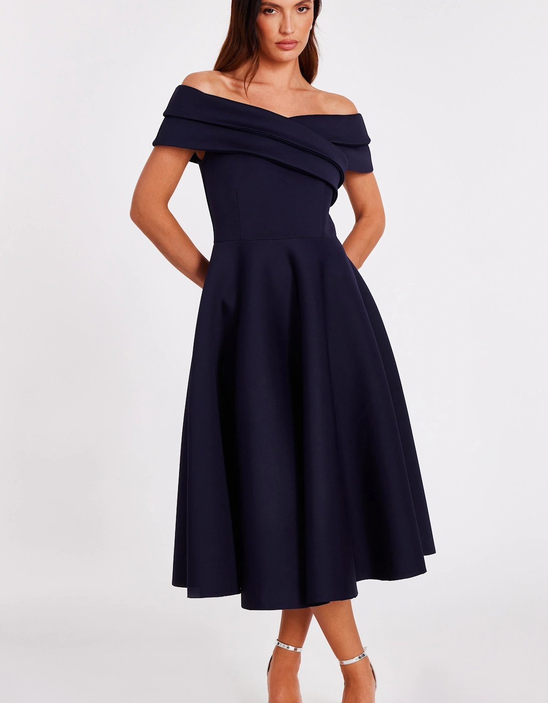 Navy Pleated Bardot Midi Dress, 2 of 1