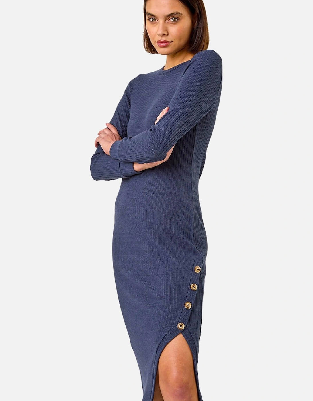 Ribbed Button Detail Stretch Midi Dress, 2 of 1