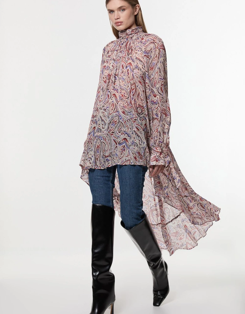 Petite Viscose Crinkle Paisley Frill Detail Tunic
