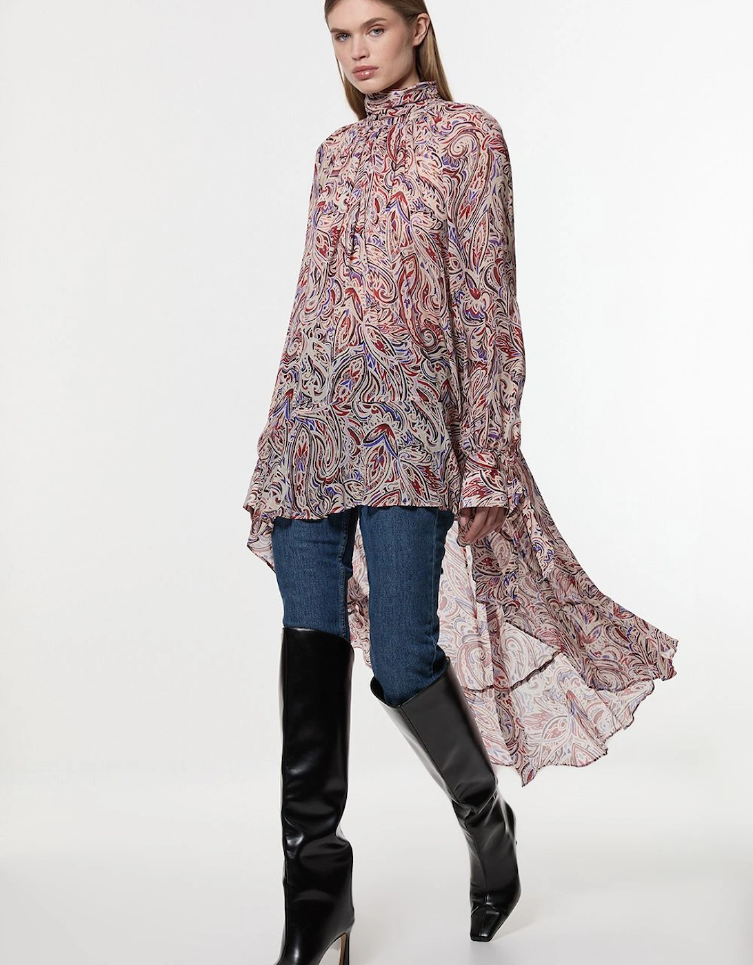 Petite Viscose Crinkle Paisley Frill Detail Tunic, 2 of 1