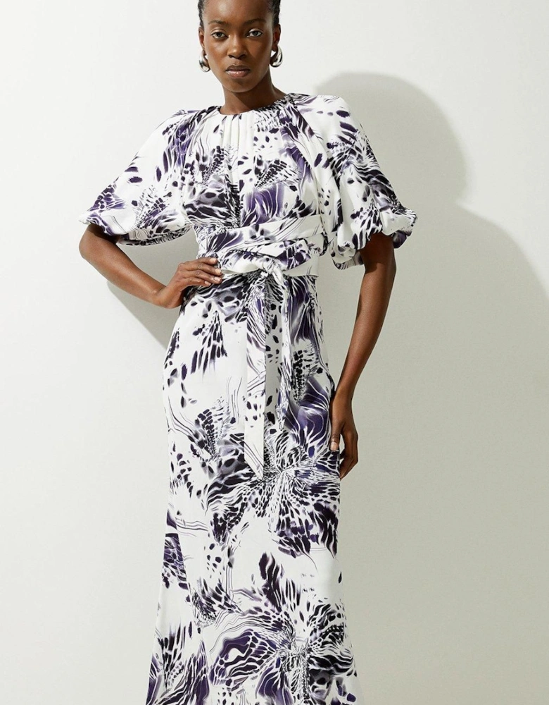 Abstract Floral Satin Woven Midi Dress