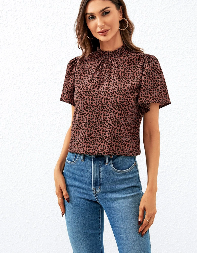 Leopard Print Angel Sleeve High Neck Top/Blouse In Rusty
