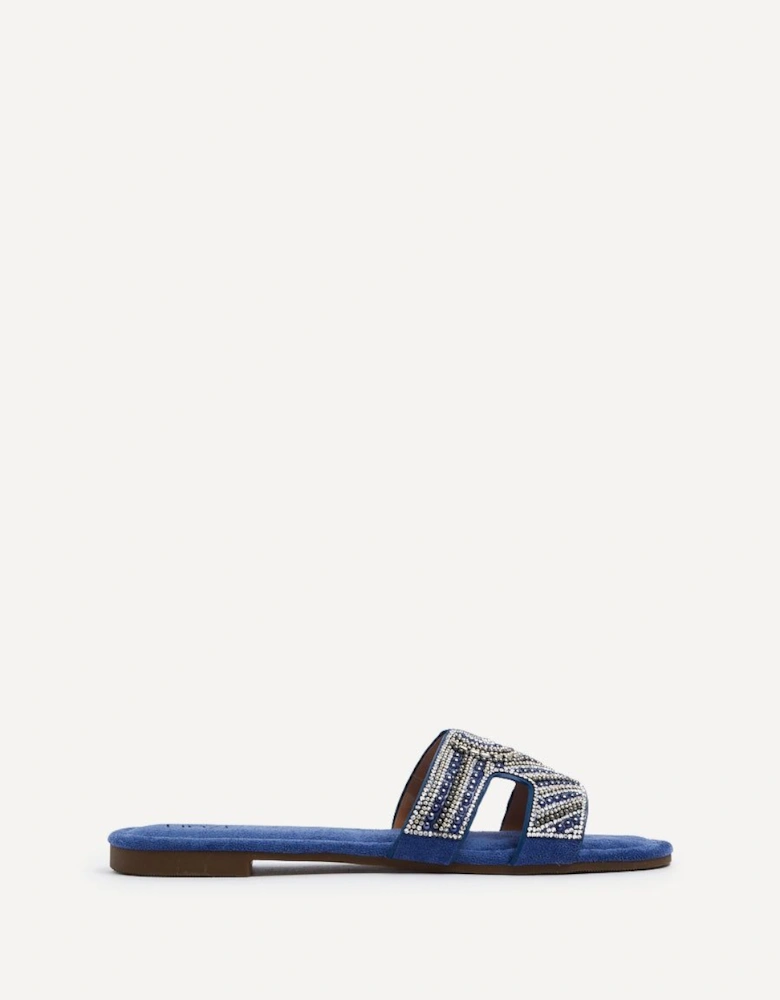 Indira Cobalt Blue Suede Aztec Design Embellished Slider Sandal