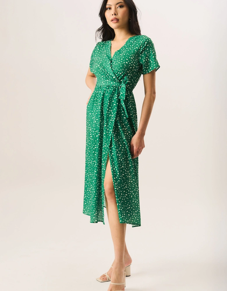 Green Animal Print Wrap Midi Dress
