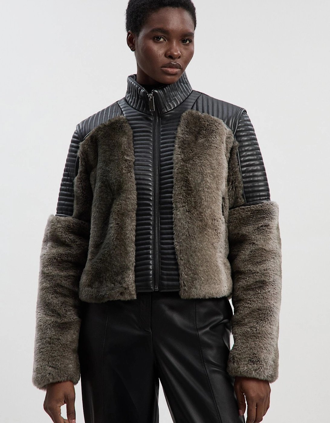 Faux Fur & Faux Leather Panelled Biker Short Coat, 2 of 1