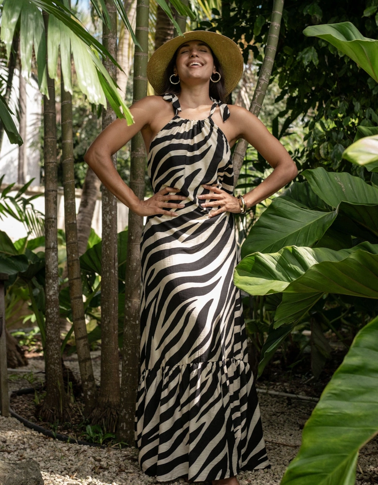 Mono Zebra Print Tie Shoulder Maxi Dress