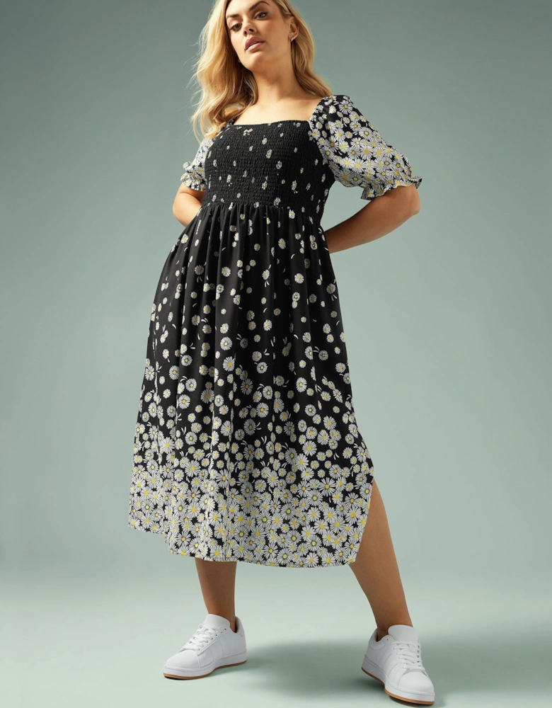 Daisy Print Shirred Midi Dress