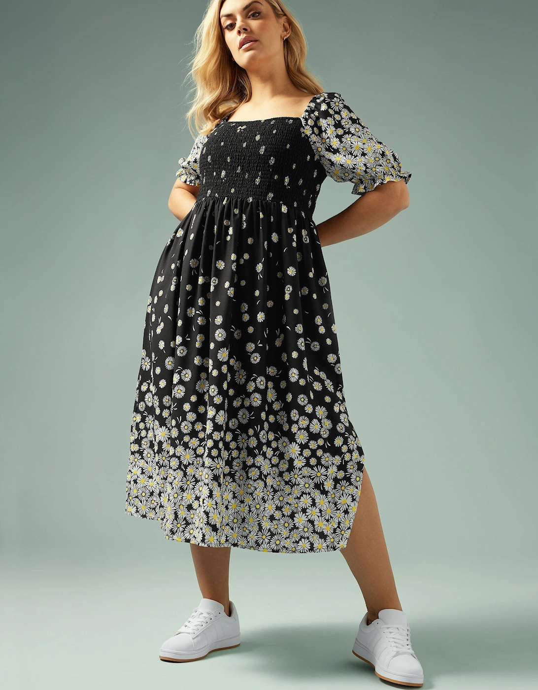 Daisy Print Shirred Midi Dress, 2 of 1