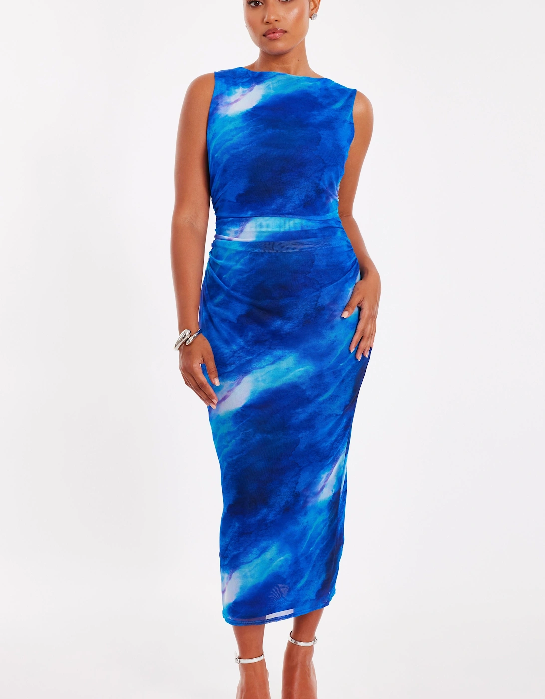 Blue Petite Mesh Marble Midaxi Dress, 2 of 1