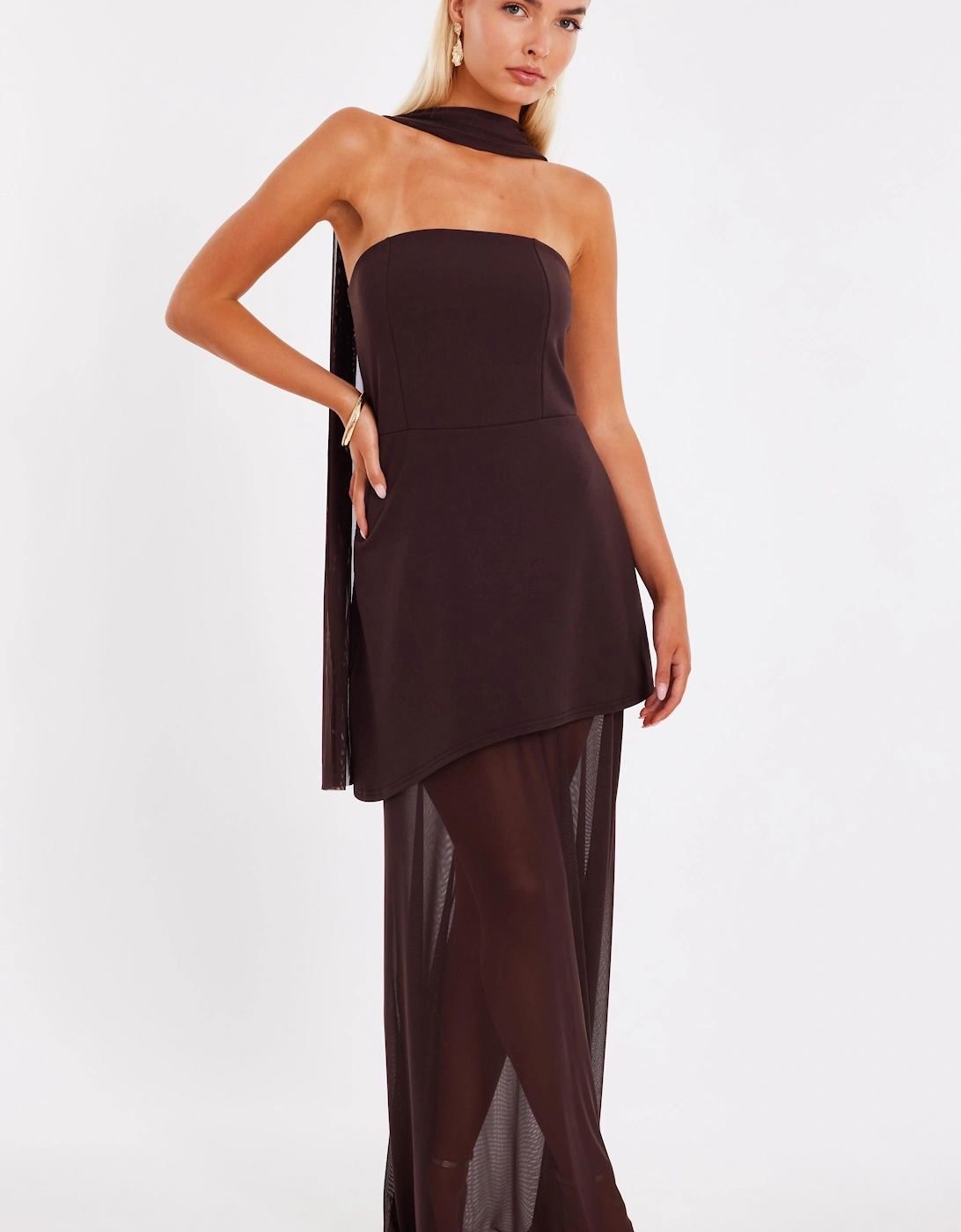 Brown Strapless Mesh Hem Maxi Dress, 2 of 1