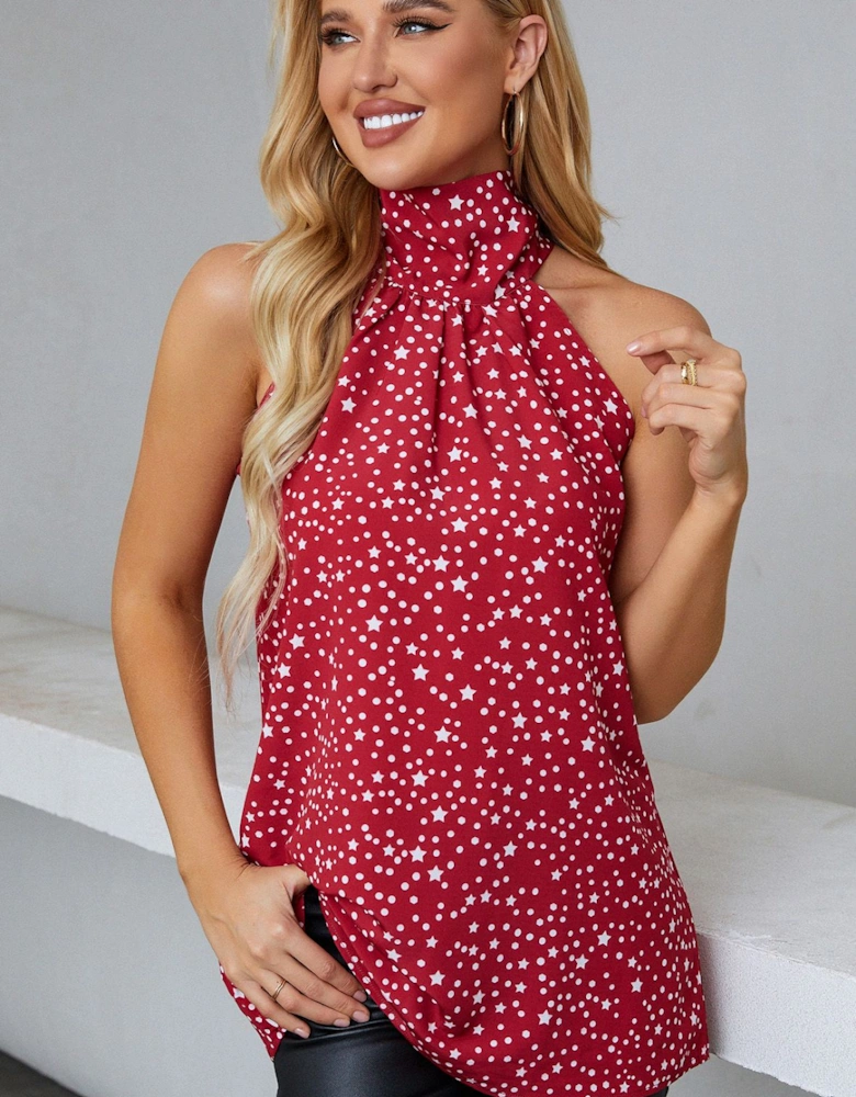 White Star Print Halter Neck Tie Back Top In Red