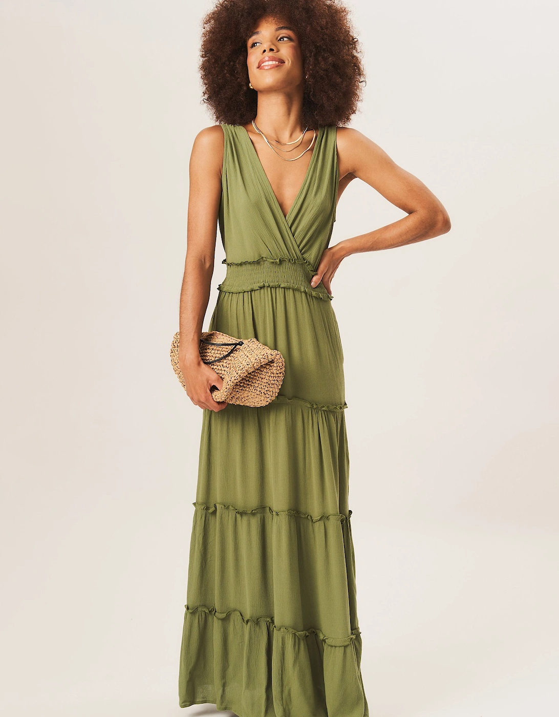 Khaki Shirred Waist Wrap Tiered Midi Dress, 2 of 1