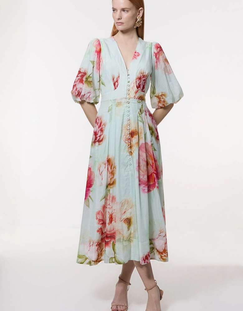 Silk Cotton Trailing Floral Puff Sleeve Midi Dress