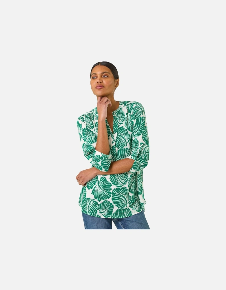 Leaf Print Shoulder Pleat Shirt