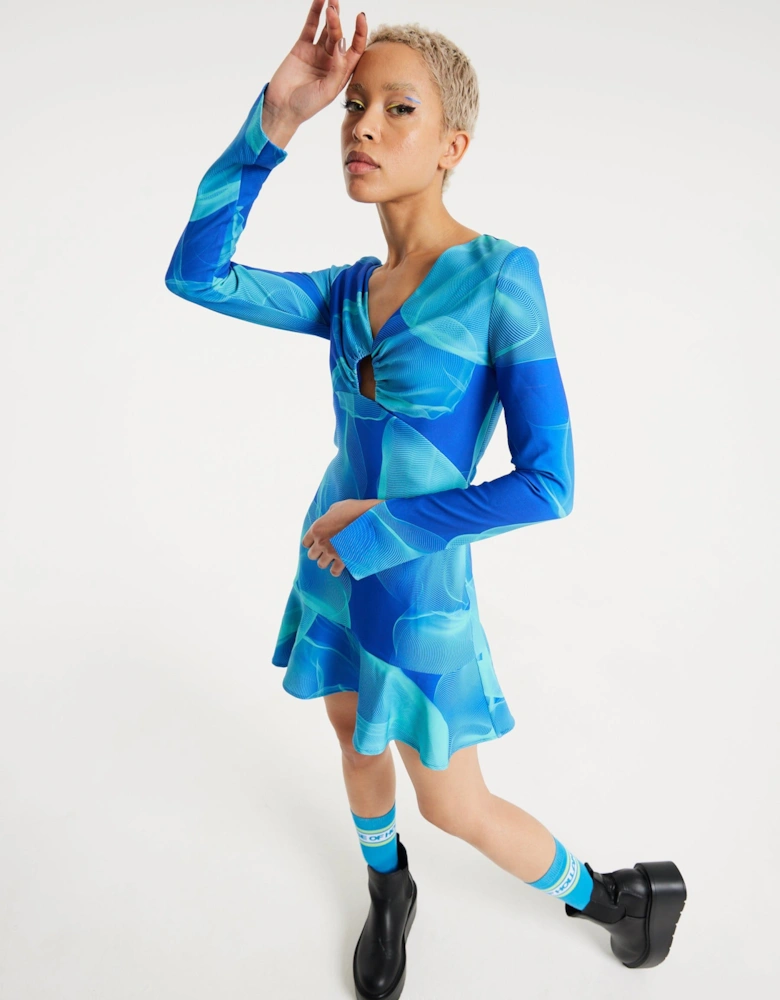 Aqua Mesh Abstract Wire Print Long Sleeve Dress With A Front Cut Out Detail