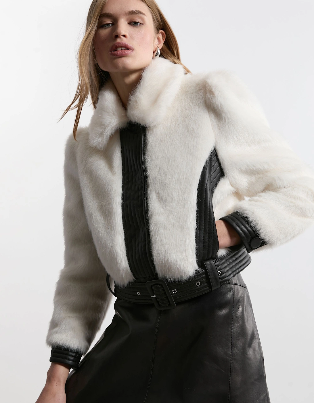 Faux Fur Pu Panelled Belted Cropped Jacket, 2 of 1