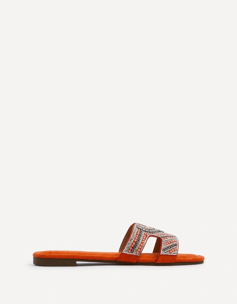 Indira Orange Suede Aztec Design Embellished Slider Sandal