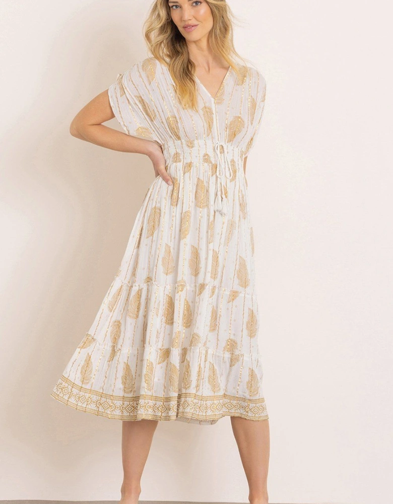 Lurex Stripe And Leaf Print Midi Dress