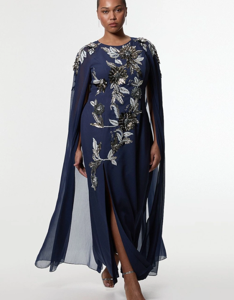 Plus Size Floral 3D Embellished Drama Cape Sleeve Woven Maxi Dress