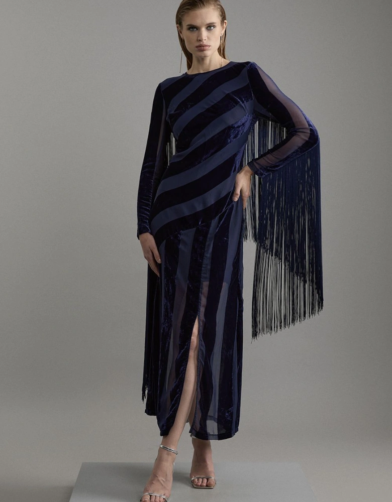 Fringed Velvet Devore Long Sleeve Woven Maxi Dress