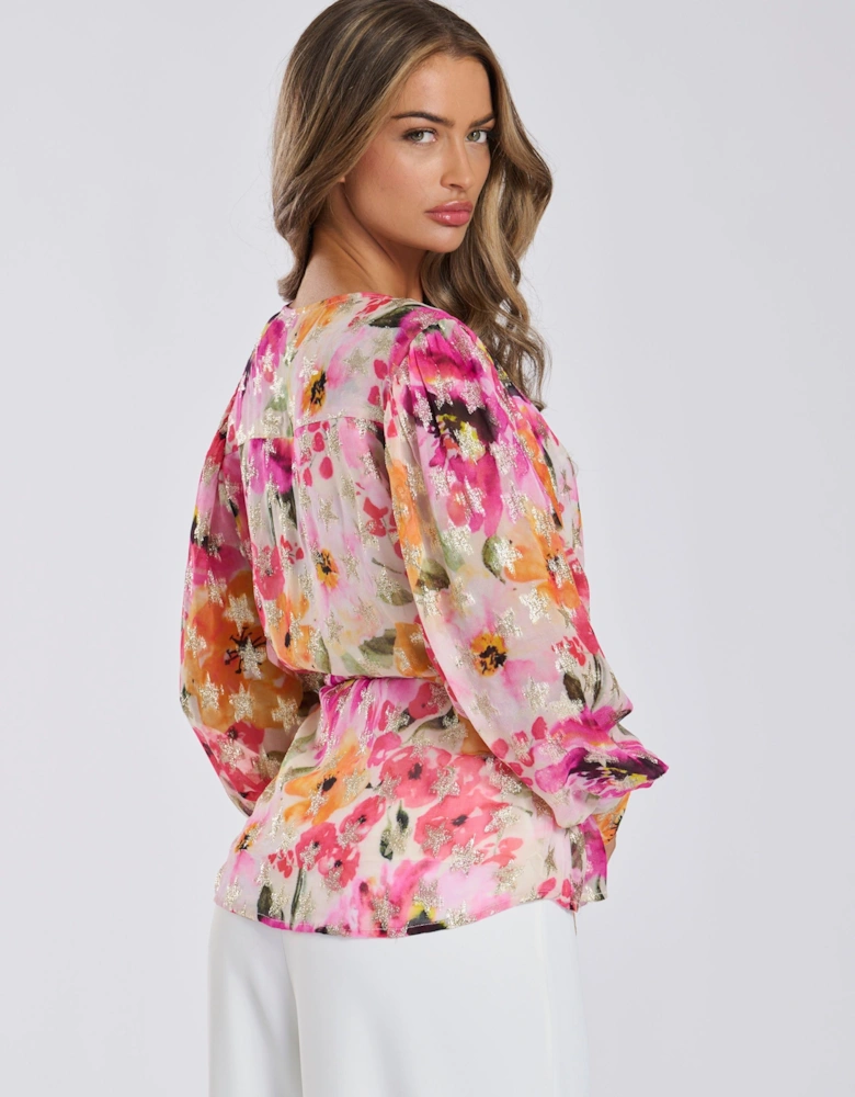 Print Metallic Wrap Tie Blouse