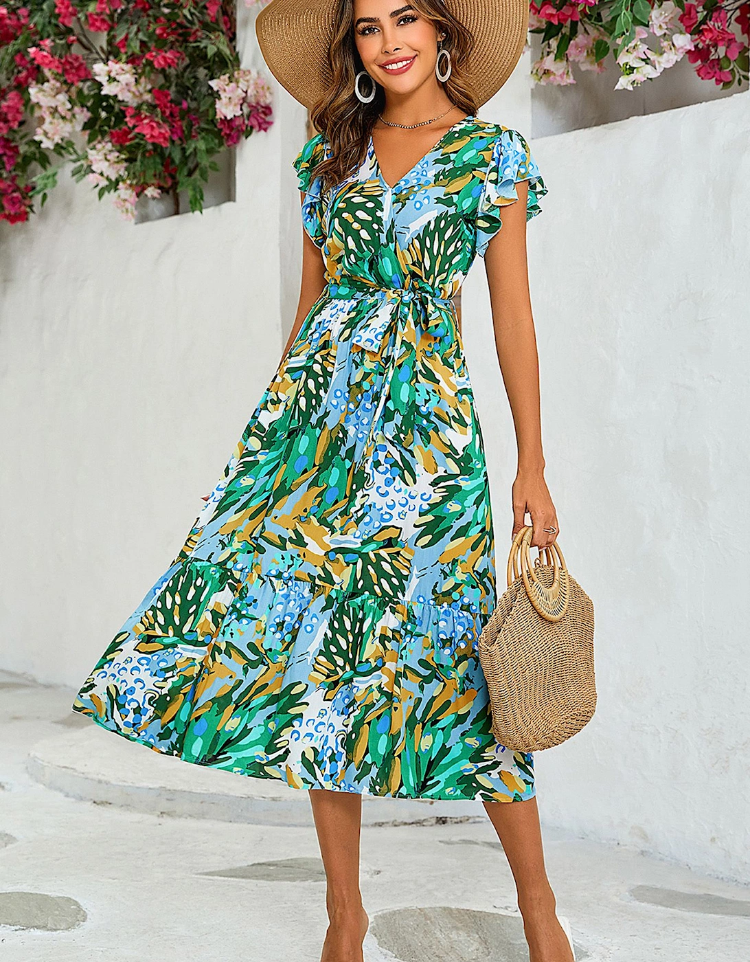 Floral Print Wrap Dress In Yellow & Green, 2 of 1