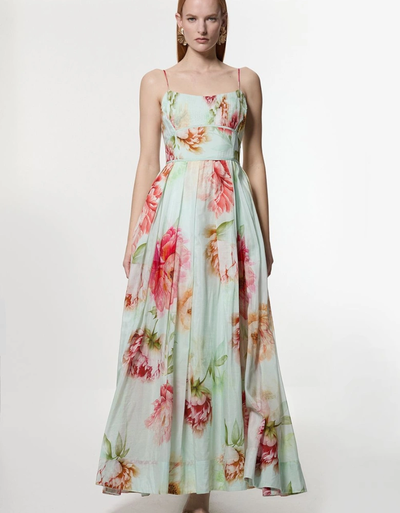 Silk Cotton Mirrored Floral Strappy Woven Maxi Dress