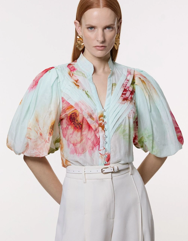 Silk Cotton Short Sleeve Pintuck Woven Blouse