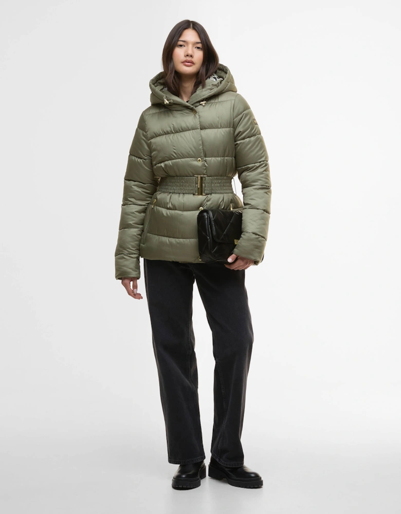 Short Track Line Womens Puffer Jacket - Dusky Khaki/Jasmine Leopard Print