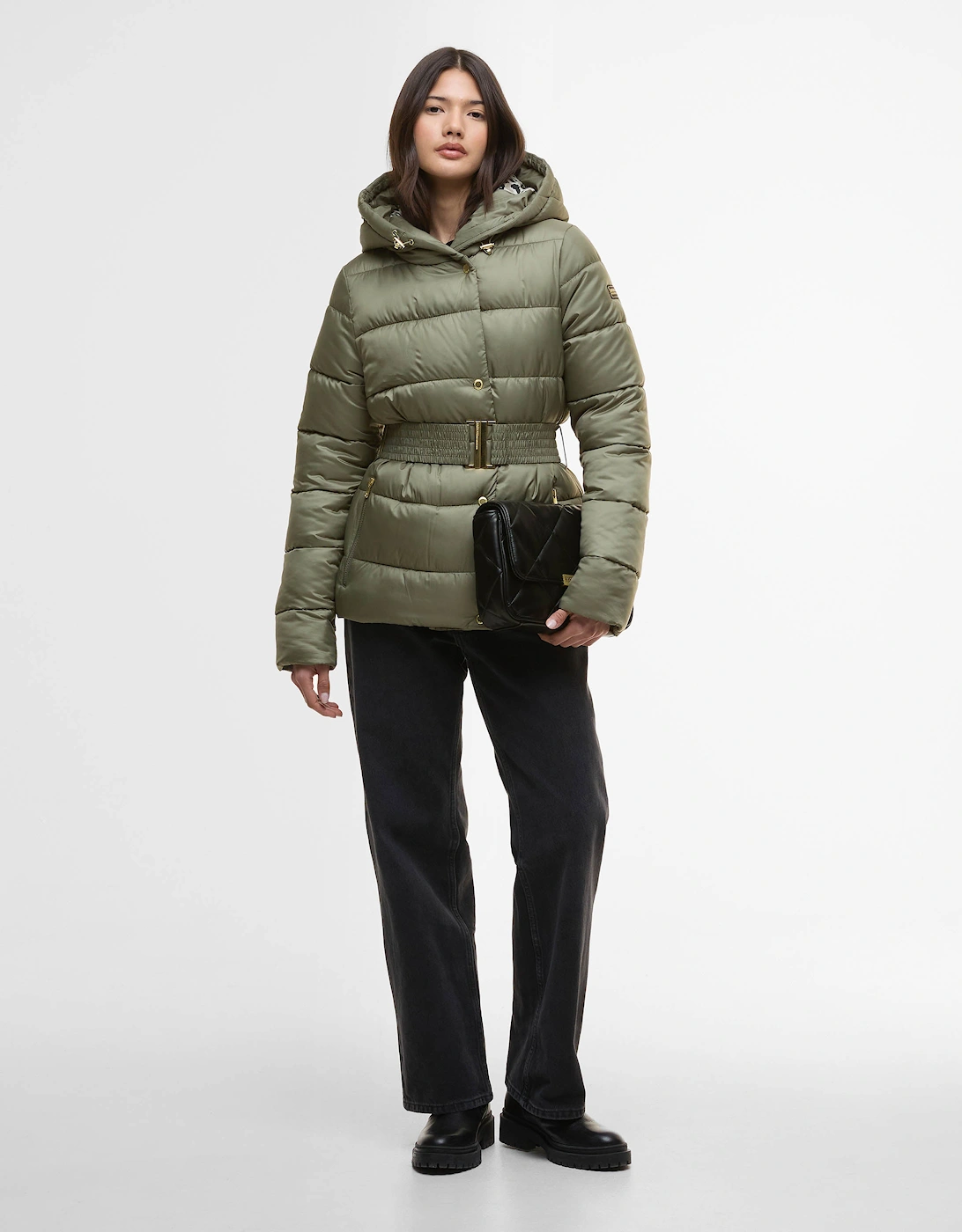 Short Track Line Womens Puffer Jacket - Dusky Khaki/Jasmine Leopard Print