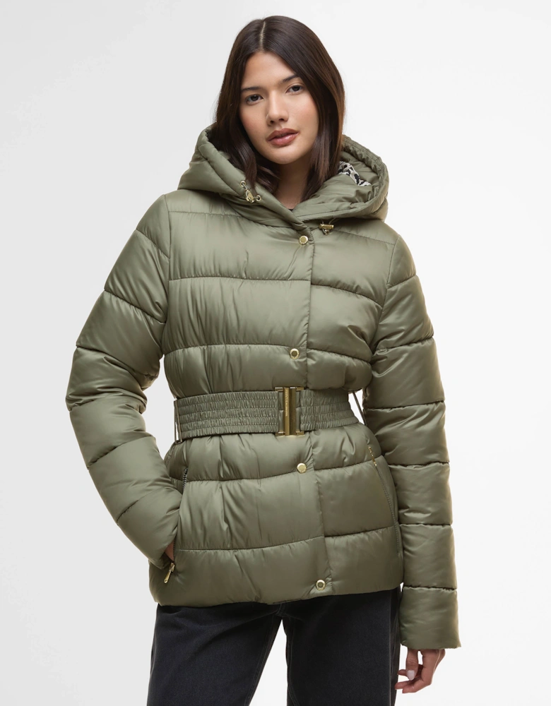 Short Track Line Womens Puffer Jacket - Dusky Khaki/Jasmine Leopard Print