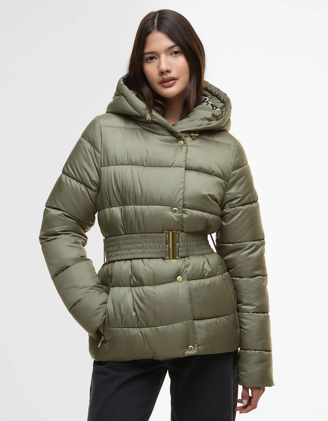 Short Track Line Womens Puffer Jacket - Dusky Khaki/Jasmine Leopard Print, 9 of 8