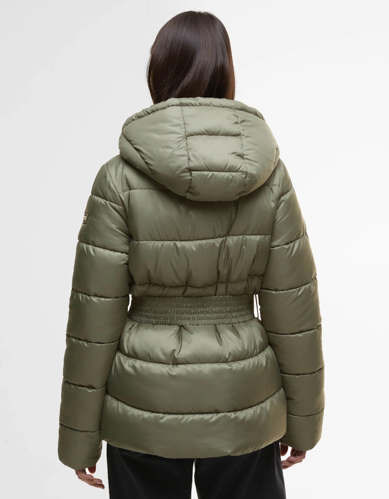 Short Track Line Womens Puffer Jacket - Dusky Khaki/Jasmine Leopard Print