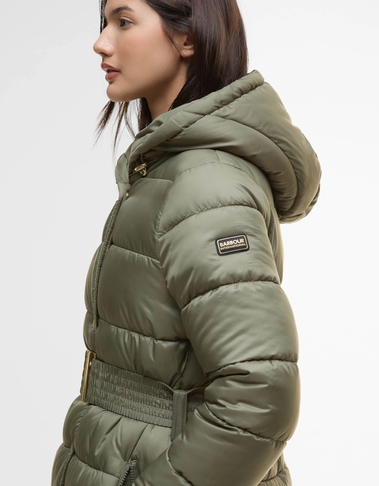 Short Track Line Womens Puffer Jacket - Dusky Khaki/Jasmine Leopard Print