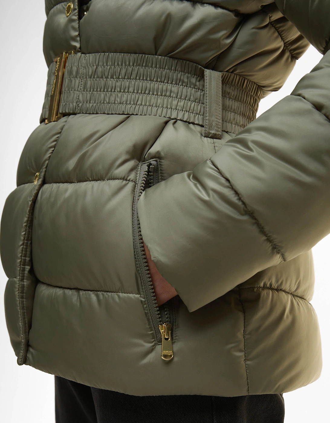 Short Track Line Womens Puffer Jacket - Dusky Khaki/Jasmine Leopard Print
