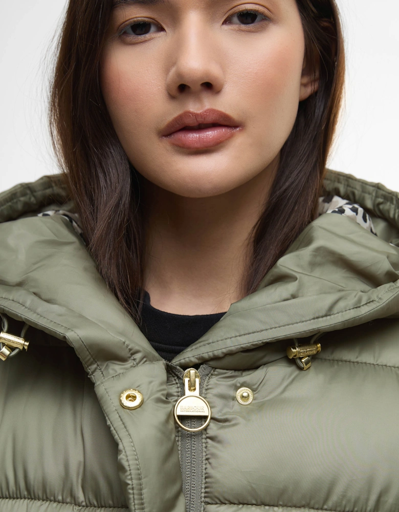 Short Track Line Womens Puffer Jacket - Dusky Khaki/Jasmine Leopard Print