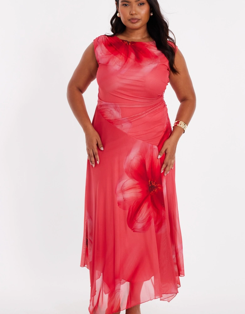 Coral Curve Mesh Midaxi Dress