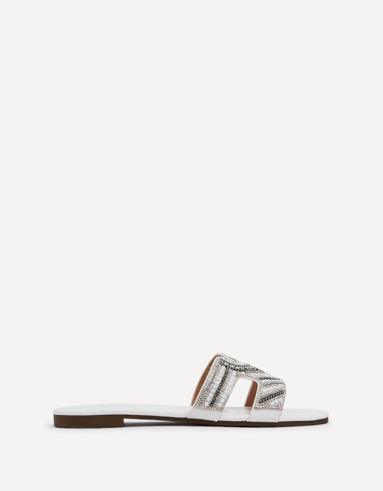Indira White Faux Leather Aztec Design Embellished Slider Sandal