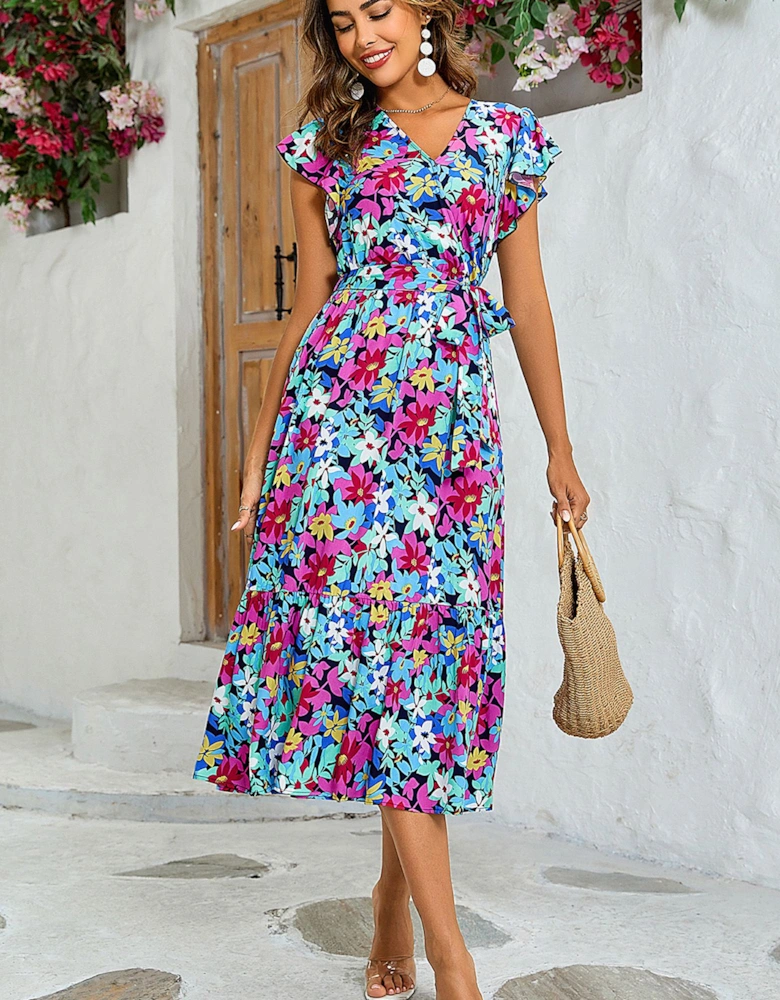 Multi Colour Floral Print Wrap Top Dress In Navy