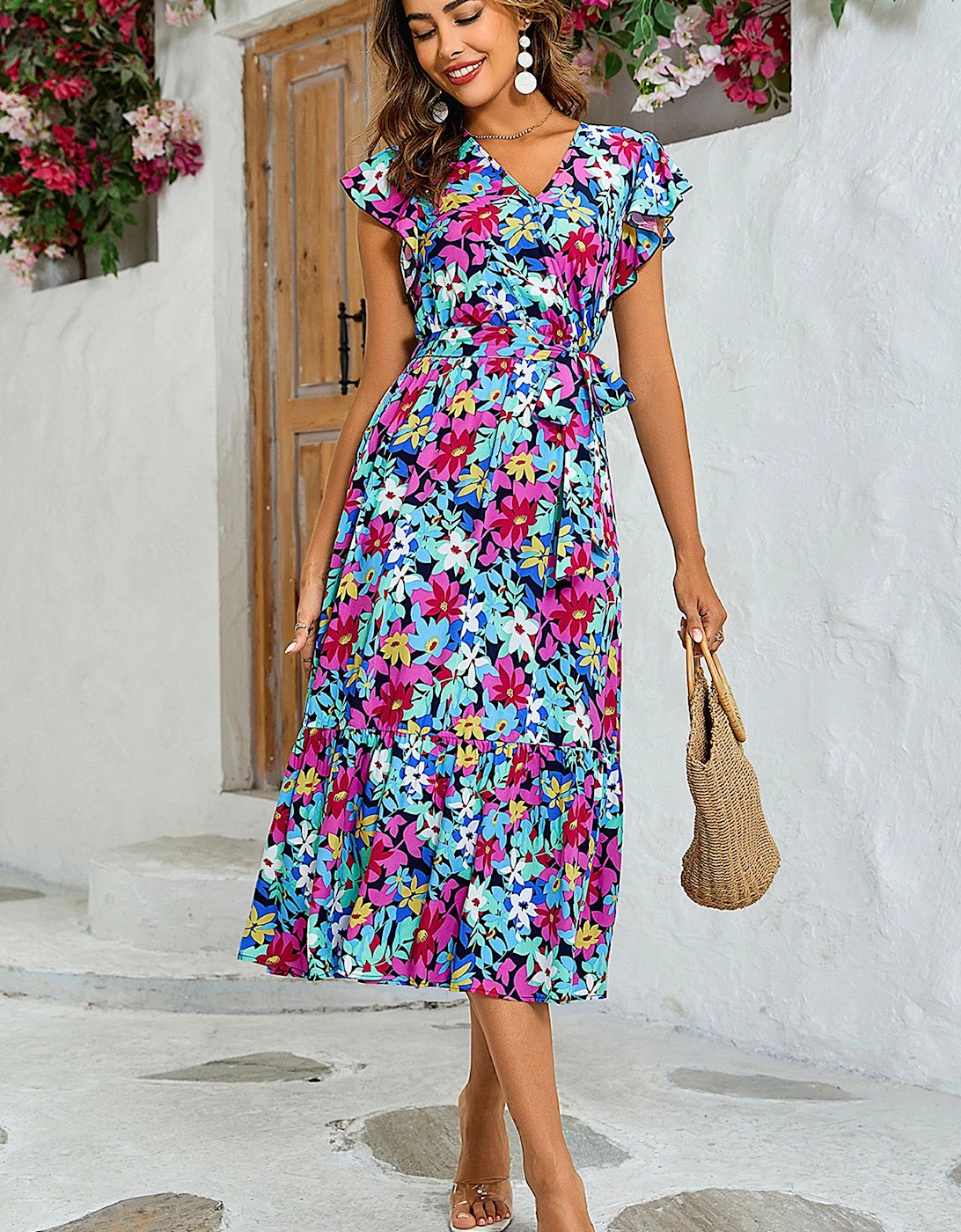 Multi Colour Floral Print Wrap Top Dress In Navy, 2 of 1